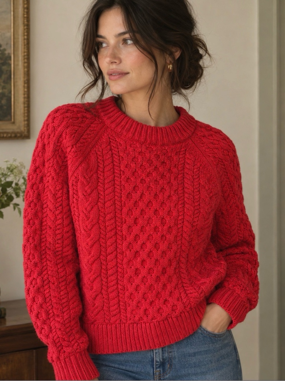 J CREW Sweater Cable Knit Chunky Red Fisherman Preppy Holiday Women’s Size XS